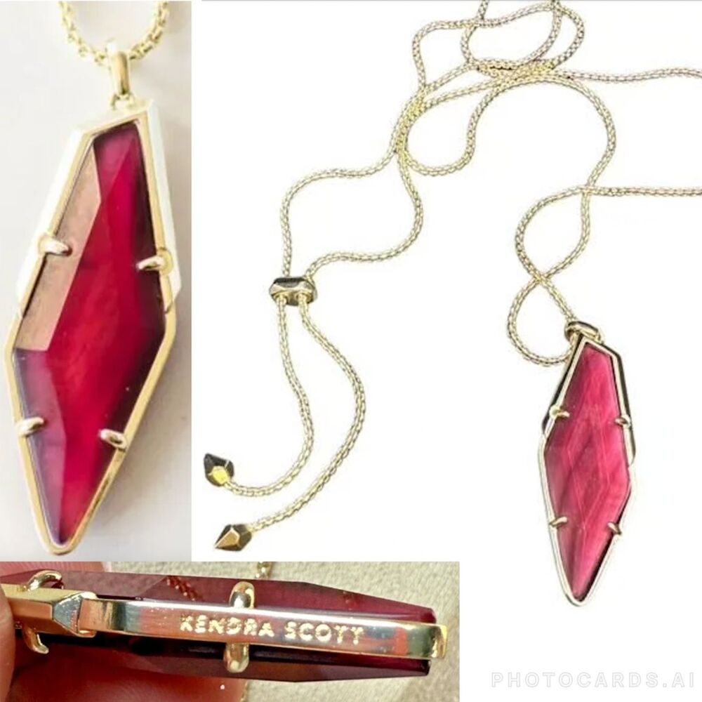 NWOT Kendra Scott Damon Gold Necklace Maroon Jade - Picture 3 of 16